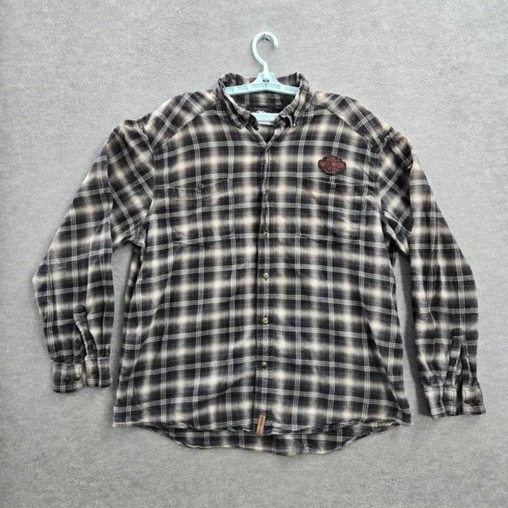 Harley-Davidson Men Button Up Shirt XL Black Plaid Flannel Wings Logo Western‎